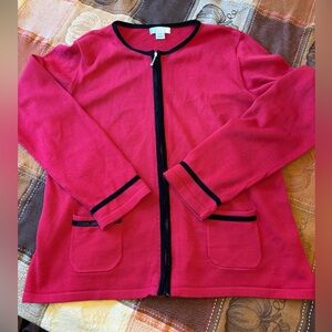 Vintage Zip Front Christopher & Banks Red & Black Velvet Trimmed Sweater Size M